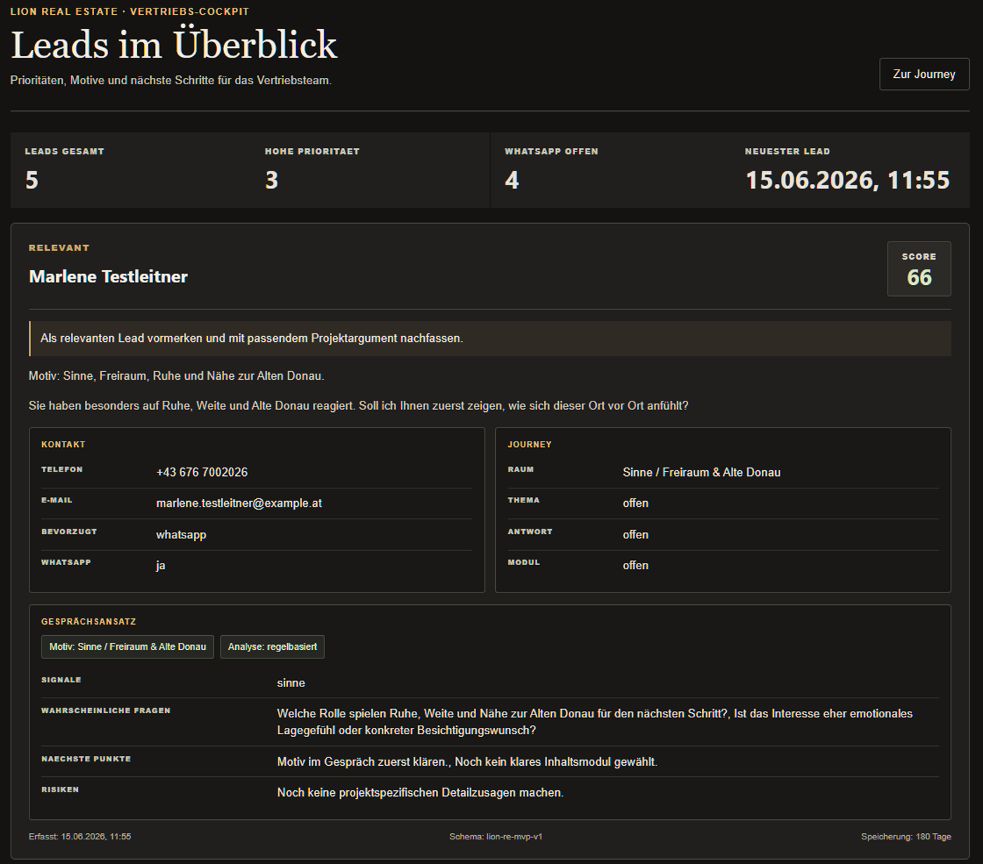 Vertriebs-Cockpit von Lion Real Estate mit Lead-Übersicht und Gesprächsansätzen