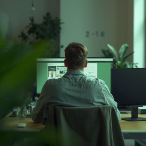 Gentlemen sitting in front of a computer, frustrated because there are no ESG Calculators (until now!)